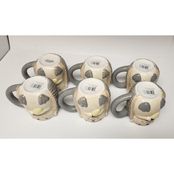 3D Porcupine 6 Coffee Mugs 16 oz /Tea Cup Hand Painted Gray Beige Stoneware New - Picture 10 of 11